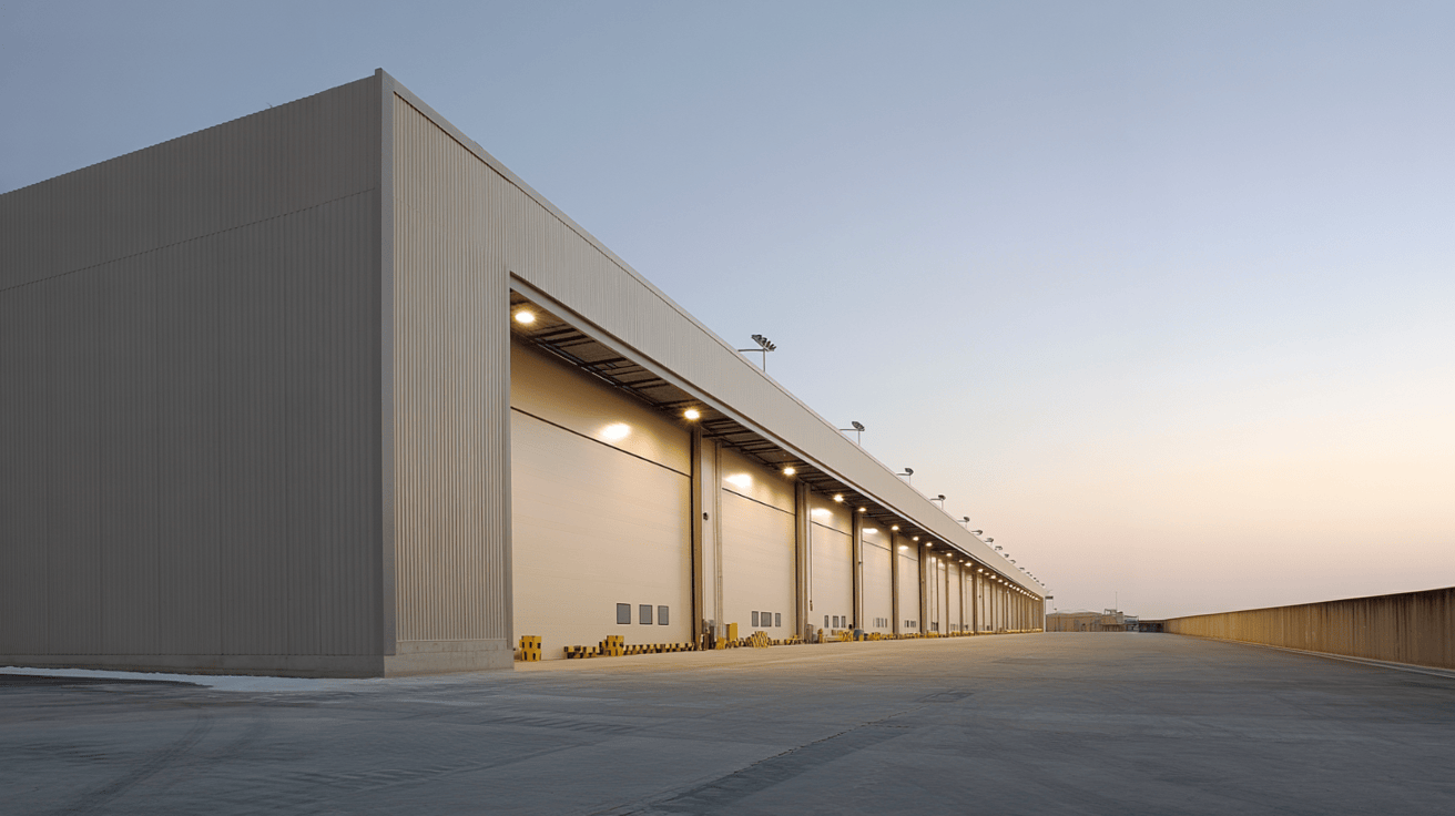 Industrial hangar manufacturing facility showing large-scale steel structures